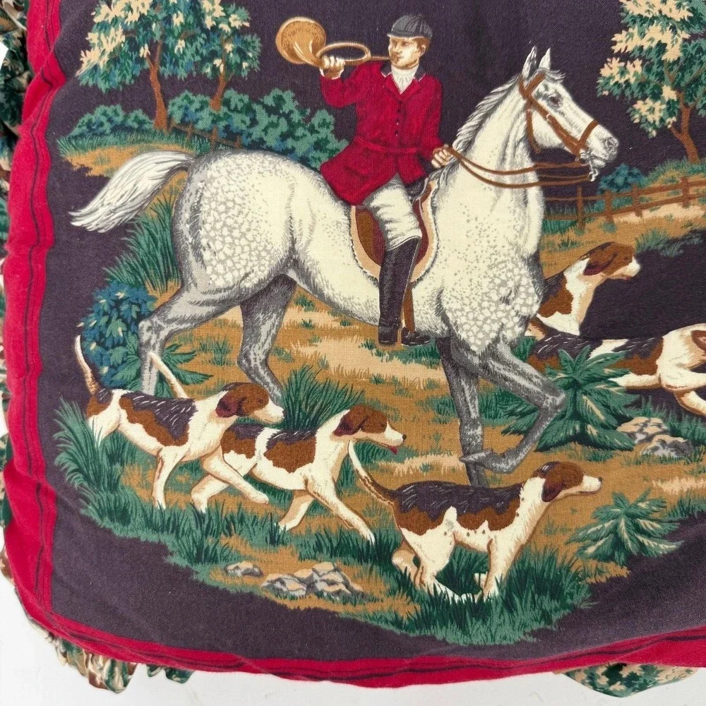 Vintage throw pillow featuring an English equestrian fox hunting scene